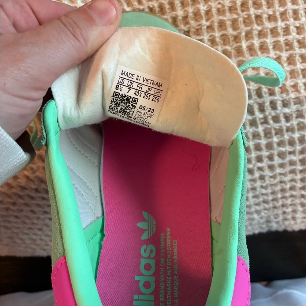 adidas mint green suede sneakers with pink stripes and gum platform